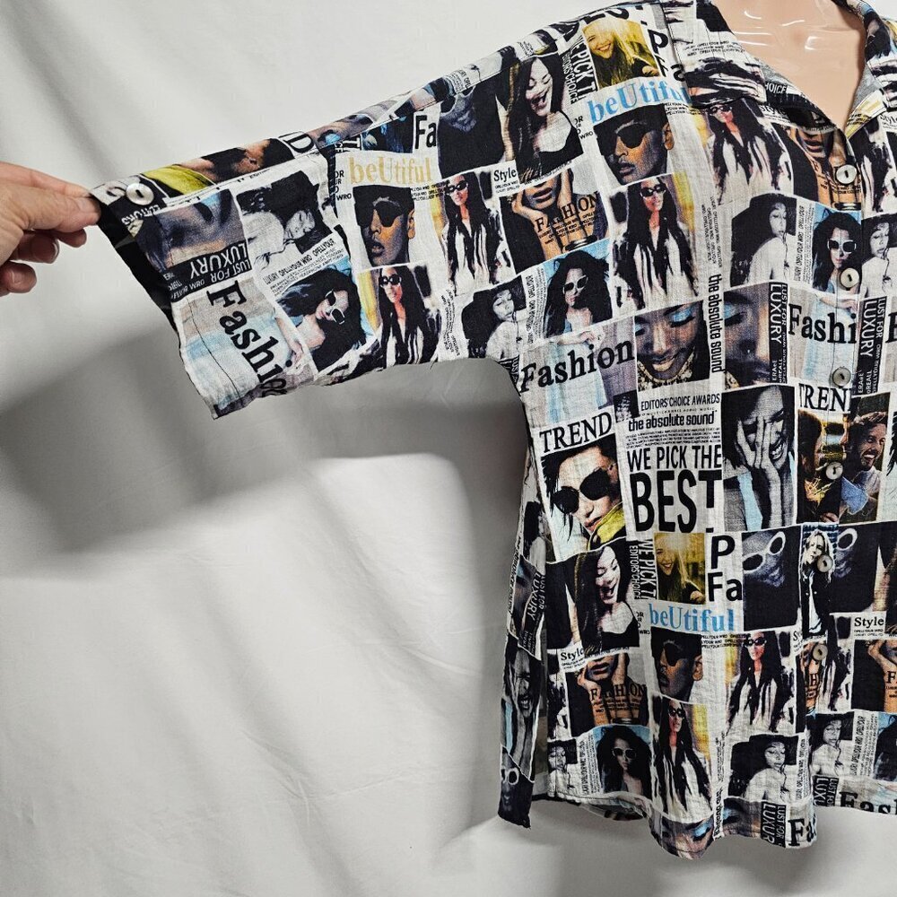 John Mark Women Graphic Button Up Collared Top Blouse Shirt Size L Deep Slits - Picture 12 of 13